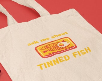 Ask Me About Tinned Fish Retro Style Graphic Cotton Canvas Tote Bag, Cute Trendy Graphic Tote Bag for Women Men, Sardine tin, Foodie Gift