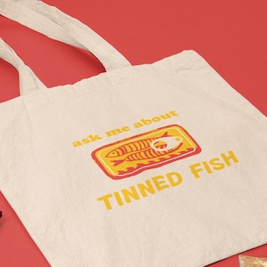 Ask Me About Tinned Fish Retro Style Graphic Cotton Canvas Tote Bag, Cute Trendy Graphic Tote Bag for Women Men, Sardine tin, Foodie Gift