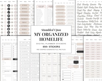 May include: Digital planner stickers in neutral tones, featuring calendar days, checklists, and icons. The image includes the text "My Organized Homelife". The stickers are designed for digital planners and come in a variety of designs.