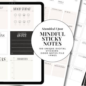 May include: Digital sticky notes displayed on a tablet, featuring sections for self-reflection, mood tracking, and goal setting. The design is minimalist with a neutral color palette, and the text "Mindful Sticky Notes" is prominently displayed.