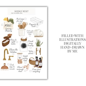 May include: A digitally hand-drawn weekly reset checklist with illustrations. The checklist includes tasks like grocery shopping, meal prep, dishwashing, laundry, and cleaning. The text "WEEKLY RESET" and "FILLED WITH ILLUSTRATIONS DIGITALLY HAND-DRAWN BY ME" are also visible.