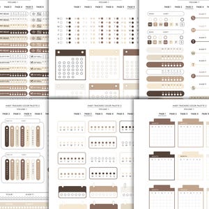May include: Sticker sheets with habit trackers in various designs and colours. The sheets feature calendars, daily trackers, and labels with text like "Read," "Sleep," and "Eat Well." The colour palette includes shades of brown and beige.
