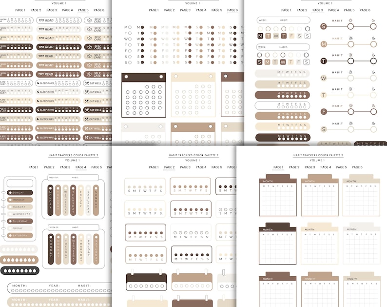 May include: Sticker sheets with habit trackers in various designs and colours. The sheets feature calendars, daily trackers, and labels with text like "Read," "Sleep," and "Eat Well." The colour palette includes shades of brown and beige.