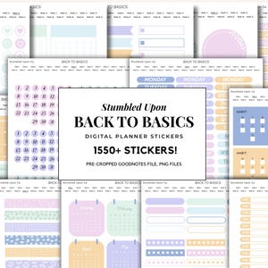 Peut inclure: Autocollants de planificateur numérique aux couleurs pastel. L'image présente divers modèles d'autocollants, notamment des calendriers, des suivis d'habitudes et des éléments décoratifs. Le texte sur l'image indique "Back to Basics" et "1550+ Stickers!"