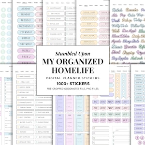 May include: Digital planner stickers with the text "My Organized Homelife" and "1000+ Stickers." The stickers are in various pastel colors and include labels for daily tasks, appointments, and shopping lists.