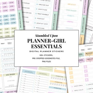Könnte beinhalten: Digitale Planer-Aufkleber mit verschiedenen Designs und dem Text "Stumbled Upon Planner-Girl Essentials". Die Aufkleber umfassen Tagespläne, Checklisten und Wellness-Tracker. Das Bild zeigt eine Vielzahl von Pastellfarben.