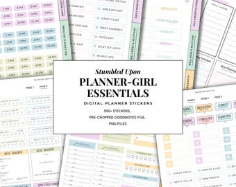 May include: Digital planner stickers with various designs and the text "Stumbled Upon Planner-Girl Essentials." The stickers include daily schedules, checklists, and wellness trackers. The image shows a variety of pastel colours.