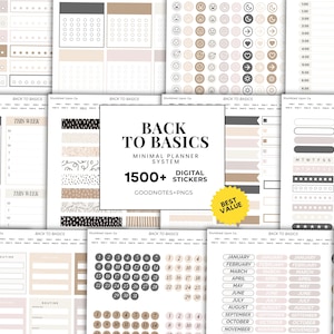 Könnte beinhalten: Eine Sammlung digitaler Planer-Aufkleber und Vorlagen in neutralen Farbtönen. Das Bild zeigt verschiedene Layouts für Kalender, Checklisten und dekorative Elemente. Der Text auf dem Bild lautet "BACK TO BASICS" und "1500+ DIGITAL STICKERS".