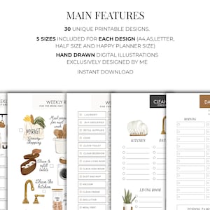 May include: A collection of printable planner pages with hand-drawn illustrations. The pages include checklists for daily chores, weekly meal prep, and cleaning tasks. The designs are available in five sizes, including A4, A5, Letter, half size, and Happy Planner size.