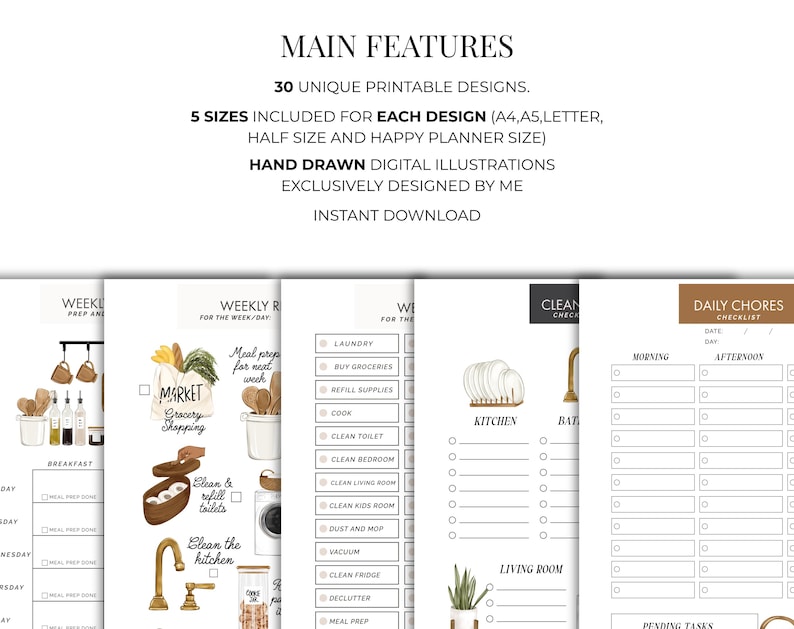 May include: A collection of printable planner pages with hand-drawn illustrations. The pages include checklists for daily chores, weekly meal prep, and cleaning tasks. The designs are available in five sizes, including A4, A5, Letter, half size, and Happy Planner size.