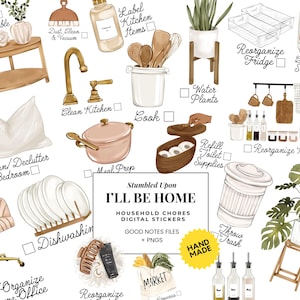May include: Digital illustration featuring household chores. Includes images of a coffee table, kitchen items, a sink, a pot, a coffee maker, a trash can, and a market bag. Text includes "I'll Be Home" and chore labels.