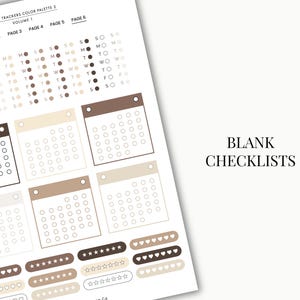 May include: A paper sheet featuring habit trackers in a neutral colour palette. The design includes calendar-style checklists and rows of stars and hearts. The text "BLANK CHECKLISTS" is visible on the right side of the image.