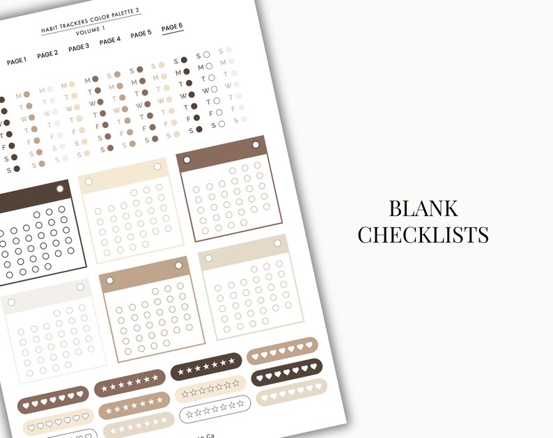 May include: A paper sheet featuring habit trackers in a neutral colour palette. The design includes calendar-style checklists and rows of stars and hearts. The text "BLANK CHECKLISTS" is visible on the right side of the image.