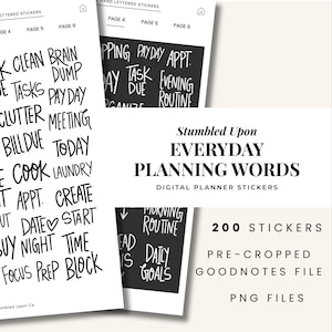 Könnte beinhalten: Digitale Planer-Aufkleber mit handgeschriebenen Wörtern für die tägliche Planung. Das Bild zeigt Seiten mit Wörtern wie "Clean Brain", "Tasks" und "Meeting". Der Titel "Everyday Planning Words" ist prominent dargestellt.