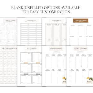 May include: A collection of printable planner pages with headings like "Weekly Chores," "Things to Do," and "Monthly Bills." The pages are in a minimalist style with blank spaces for customization. The text "BLANK/UNFILLED OPTIONS AVAILABLE FOR EASY CUSTOMIZATION" is at the top.