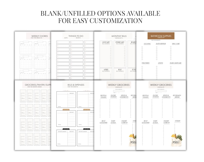 May include: A collection of printable planner pages with headings like "Weekly Chores," "Things to Do," and "Monthly Bills." The pages are in a minimalist style with blank spaces for customization. The text "BLANK/UNFILLED OPTIONS AVAILABLE FOR EASY CUSTOMIZATION" is at the top.