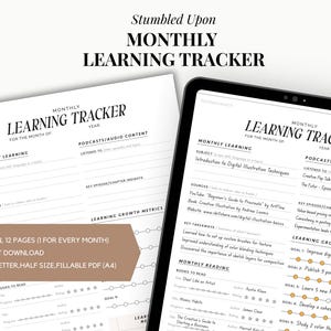 May include: A digital monthly learning tracker with a minimalist design. The text "Monthly Learning Tracker" is displayed prominently. The tracker includes sections for subjects, sources, podcasts, and learning goals. The design is available in A4, A5, and letter sizes.