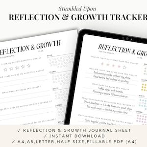 May include: A digital Reflection & Growth Tracker journal sheet, displayed on a tablet and a printed page. The journal includes prompts for mood, self-care, and reflections. The text includes "Reflection & Growth" and "Instant Download."