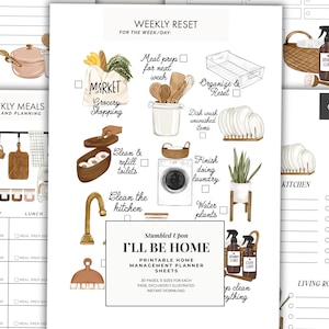 May include: A printable home management planner sheet with watercolor illustrations. The sheet includes sections for weekly meals, cleaning checklists, and daily tasks. The text "I'll Be Home" is displayed in a rectangular box. The planner is designed to help organize daily and weekly routines.