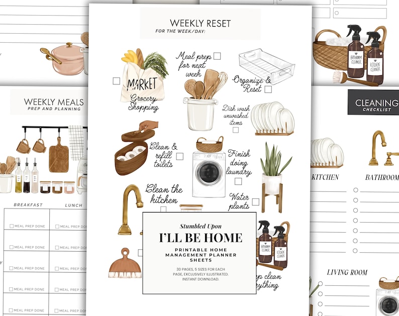 May include: A printable home management planner sheet with watercolor illustrations. The sheet includes sections for weekly meals, cleaning checklists, and daily tasks. The text "I'll Be Home" is displayed in a rectangular box. The planner is designed to help organize daily and weekly routines.