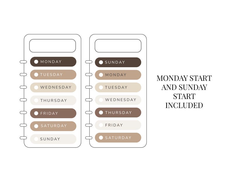 May include: Two planner inserts in a neutral colour palette. Each insert has a rectangular top section and seven oval-shaped labels for each day of the week. The text "Monday Start and Sunday Start Included" is on the right.