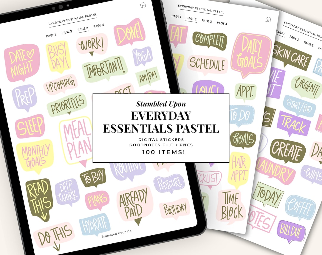 100 Everyday Essential Planner Stickers | Pastel Words Mix| Hand Drawn ...
