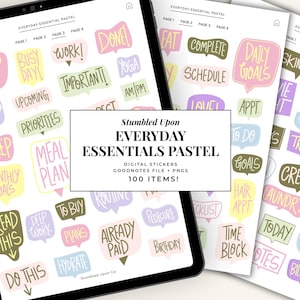 Könnte beinhalten: Ein digitales Sticker-Set namens "Everyday Essentials Pastel" mit 100 Elementen. Die Aufkleber sind in verschiedenen Pastellfarben gehalten und zeigen Sätze wie "Date Night", "Daily Goals" und "To Do". Entworfen für GoodNotes-Dateien und PNGs.