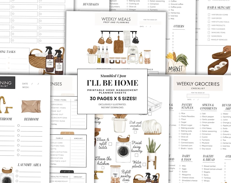 May include: A collection of printable home management planner sheets. The sheets include sections for weekly meals, grocery lists, cleaning tasks, and expenses. The design features watercolor illustrations of kitchen and home items.
