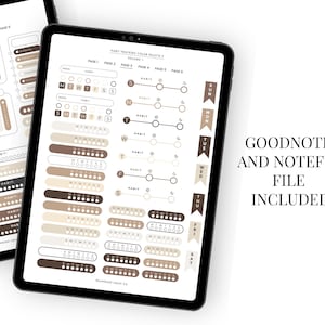 May include: Digital habit tracker templates on two tablets, featuring a neutral colour palette with shades of brown and beige. The text "GOODNOTES AND NOTEFUL FILE INCLUDED" is visible on the right side of the image.