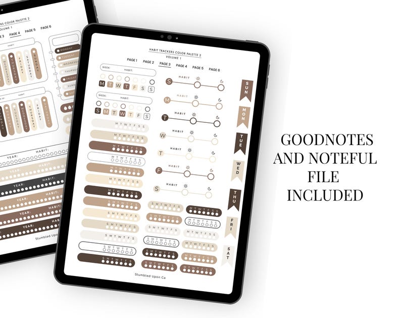 May include: Digital habit tracker templates on two tablets, featuring a neutral colour palette with shades of brown and beige. The text "GOODNOTES AND NOTEFUL FILE INCLUDED" is visible on the right side of the image.