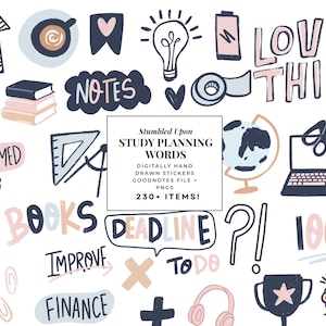 Stickers de planification numérique académique, stickers de planification d'étudiants universitaires, pré-recadrés et PNG Goodnotes, mots de planification d'études