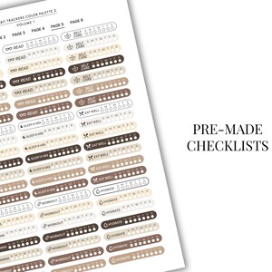 May include: A sheet of pre-made checklists in a neutral colour palette. The checklists include sections for reading, sleep, eating well, hydration, and exercise. The text "PRE-MADE CHECKLISTS" is visible.