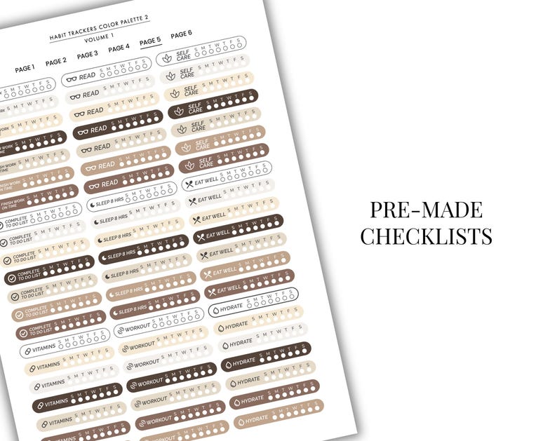 May include: A sheet of pre-made checklists in a neutral colour palette. The checklists include sections for reading, sleep, eating well, hydration, and exercise. The text "PRE-MADE CHECKLISTS" is visible.