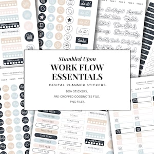 May include: Digital planner stickers featuring text such as "do it!", "goals", and calendar months. The stickers are in neutral tones of beige, grey, and black. The text "Stumbled Upon WORK FLOW ESSENTIALS" is also visible.
