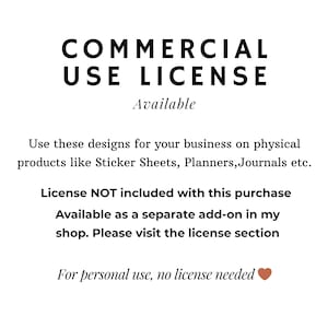 May include: White background with black text. The text reads "COMMERCIAL USE LICENSE Available." The text explains the license for business use on physical products like sticker sheets and journals. It notes the license is a separate add-on.