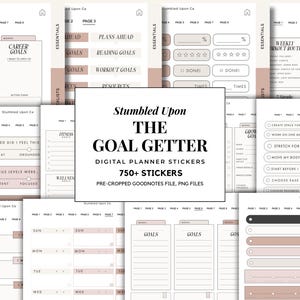 Puede incluir: Pegatinas de planificador digital con una paleta de colores neutros. La imagen presenta varios diseños de pegatinas para establecer objetivos, el seguimiento de hábitos y la planificación. El texto de la imagen dice "Stumbled Upon The Goal Getter Digital Planner Stickers 750+ Stickers".