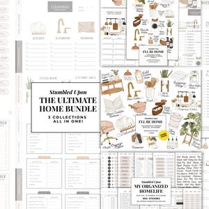 May include: A collection of digital planner stickers and checklists. The image features various home organization templates, including cleaning, weekly meals, and grocery lists. The text reads "Stumbled Upon The Ultimate Home Bundle" and "I'll Be Home."