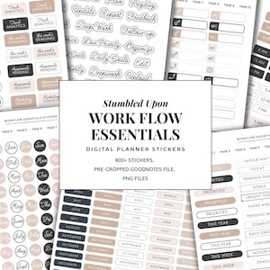 May include: Digital planner stickers with the text "Work Flow Essentials." The stickers include labels for analytics, deadlines, and daily goals. The color palette includes black, white, and beige.
