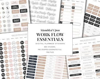 May include: Digital planner stickers with the text "Work Flow Essentials." The stickers include labels for analytics, deadlines, and daily goals. The color palette includes black, white, and beige.