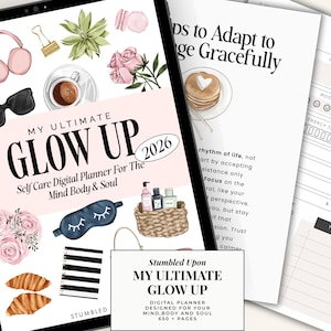 Può includere: Un'agenda digitale intitolata "My Ultimate Glow Up 2026" con temi di cura di sé. L'immagine include illustrazioni di prodotti di bellezza, una mascherina per dormire, cuffie e una tazza di caffè. L'agenda è progettata per la mente, il corpo e l'anima.