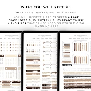 May include: Three tablets displaying digital habit tracker stickers in brown, beige, and black. The text at the top reads "WHAT YOU WILL RECIEVE" and lists the contents, including PNG files for digital planning apps.