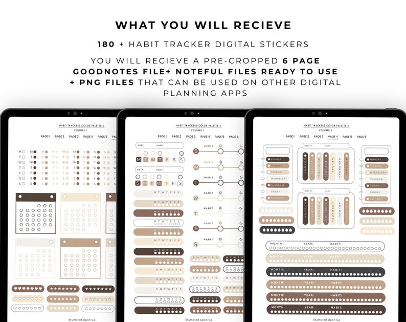 May include: Three tablets displaying digital habit tracker stickers in brown, beige, and black. The text at the top reads "WHAT YOU WILL RECIEVE" and lists the contents, including PNG files for digital planning apps.