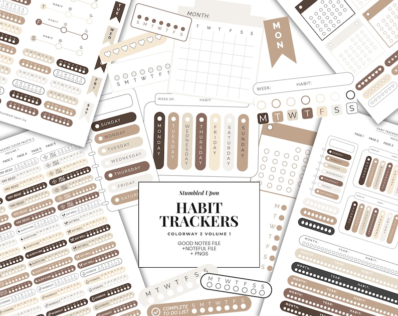 May include: A selection of habit tracker stickers and templates in brown and beige tones. The designs include daily, weekly, and monthly trackers, with labels for days of the week and months. The text "HABIT TRACKERS" is visible.