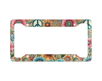 Boho Hippie Flowers License Plate Frame, Car Accessory, Vehicle Decoration, Bohemian Auto Decor, Flower Power Auto Decor, Peace Sign