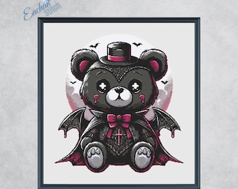 Patrón de punto de cruz de oso de peluche gótico - Descarga instantánea en PDF - Vampiro oscuro - Oso espeluznante