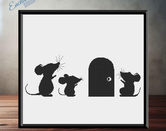 Mouse Family Silhouette Cross Stitch Pattern - Mice Door - Instant PDF Download - Animal Decor - Minimalist