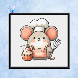Mouse Cross Stitch Pattern - Instant PDF Download - Baking Mouse - Kitchen Decor - Cooking Themed Needlework