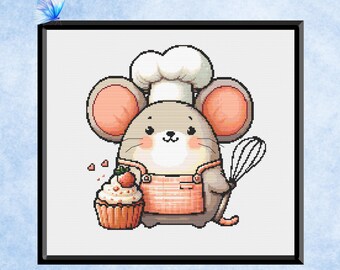 Mouse Cross Stitch Pattern - Instant PDF Download - Baking Mouse - Kitchen Decor - Cooking Themed Needlework