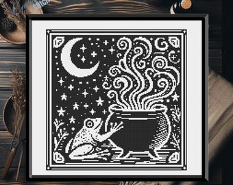 Mystische Frosch Kessel Kreuzstich Muster - Sofort PDF Download - Hexen Dekor - Mond Magie - Gothic