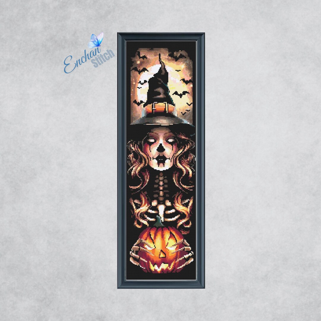 Halloween Witch Skeleton Cross Stitch Pattern - Pumpkin Skull Design ...